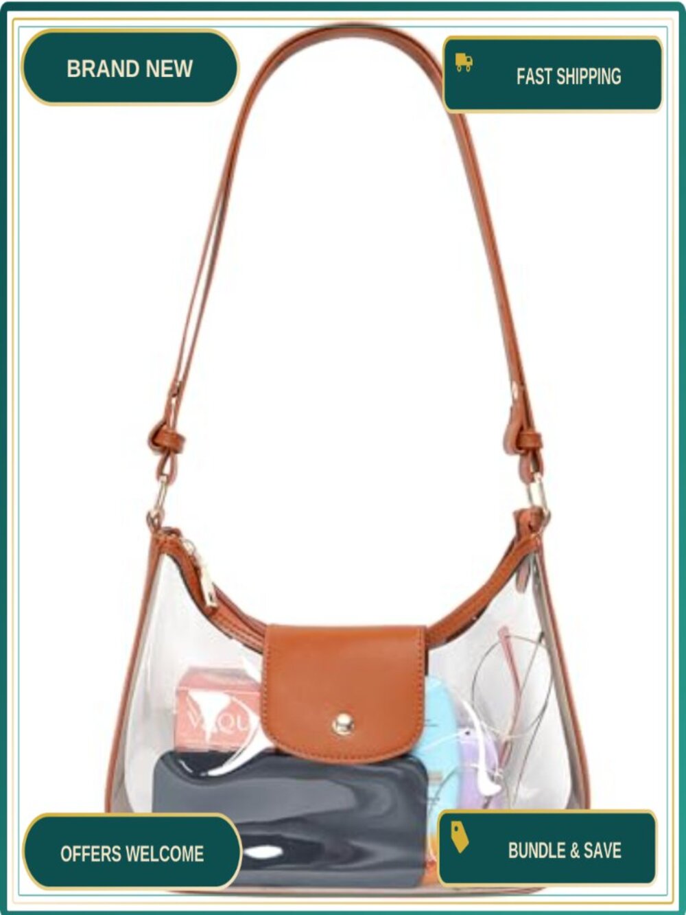 Clear PVC Hobo Shoulder Bag Adjustable Strap Stadium Purse